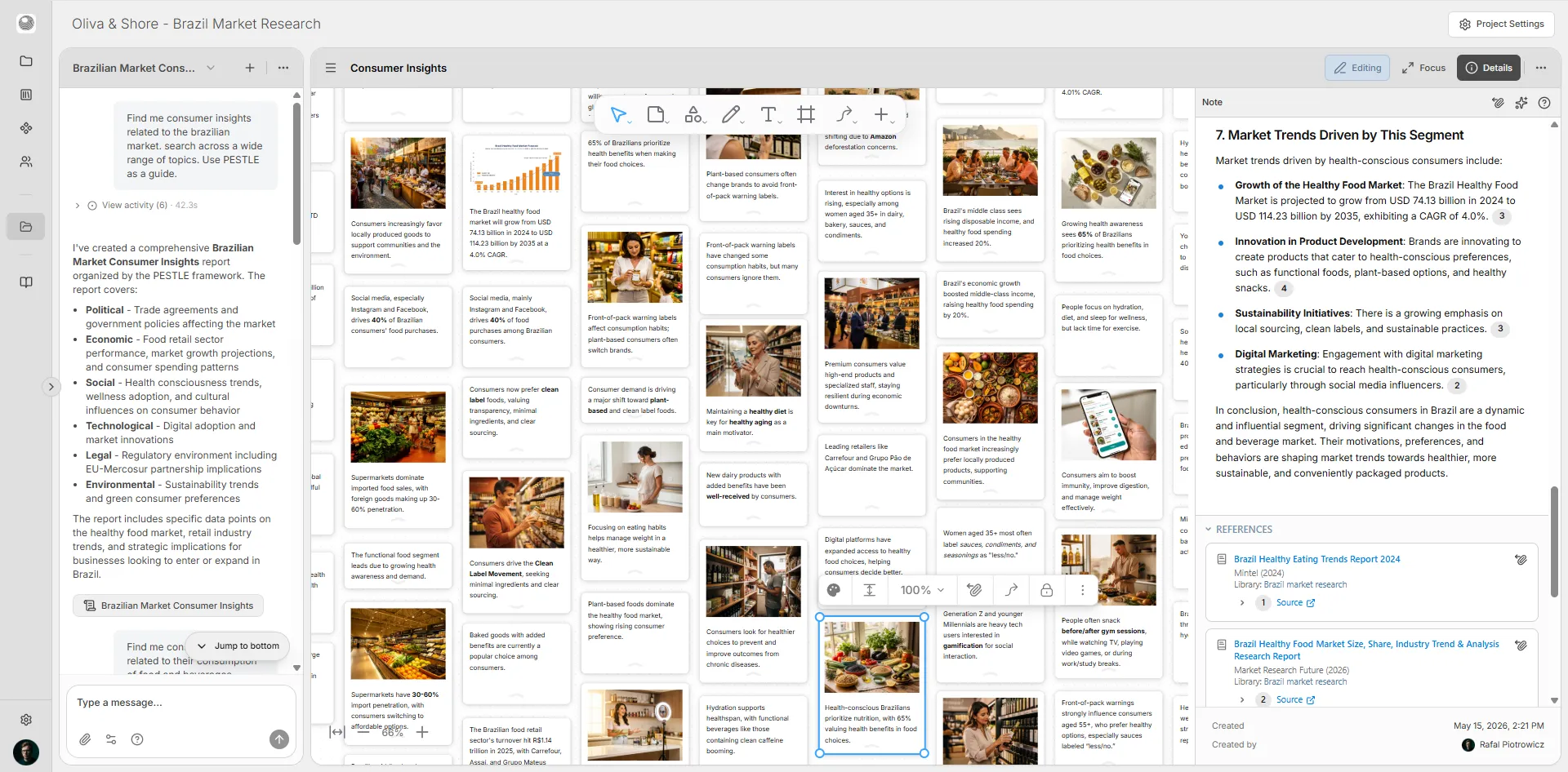 An insights board in Perceptful.AI — research clippings, summary highlights, and traceable references.